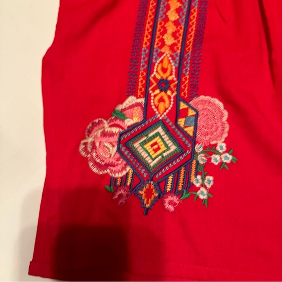 Calessa Red/Multicolored Embroidered Floral Cotton/Linen Boho V-Neck Top NWT S - Picture 15 of 16